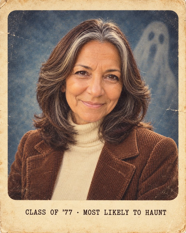 Faded 1970s yearbook-style portrait of a woman with feathered hair in a brown corduroy blazer and cream turtleneck against a mottled blue backdrop