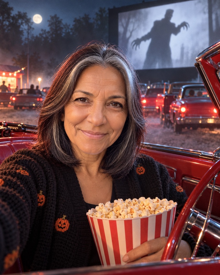 Woman with grey-streaked hair holding popcorn in a red vintage convertible at a misty drive-in theatre at night, lit by the screen