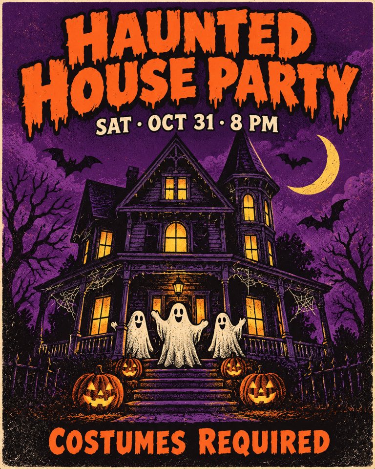 Purple Halloween party flyer showing a crooked Victorian house with glowing windows, bedsheet ghosts on the porch, bats and carved pumpkins