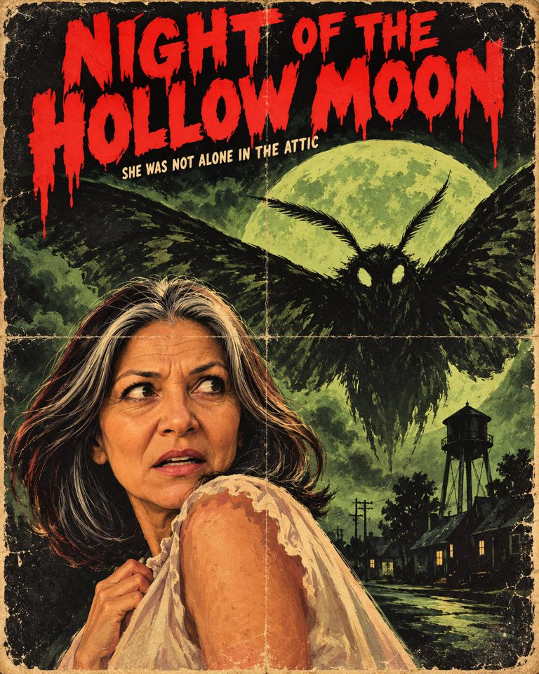 Painted retro horror movie poster with a frightened grey-haired woman in the foreground and a giant moth creature over a green moon and water tower