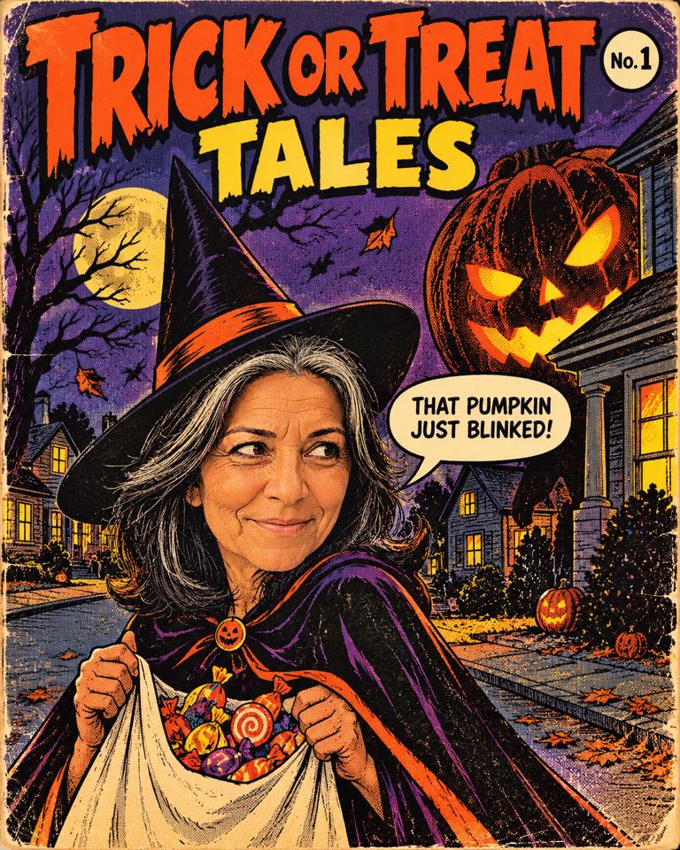 Vintage comic-book cover illustration of a woman in a witch hat holding a candy sack on a moonlit street as a giant jack-o-lantern peers around a house